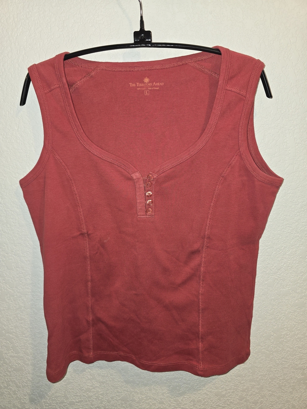 The Territory Ahead Women's Large Coral Red Henley Tank Top Ribbed Cotton